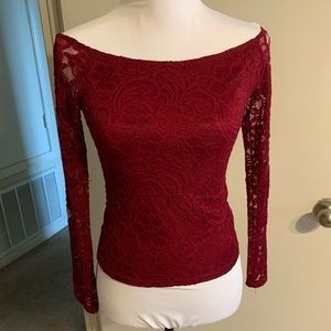 MAROON lace off the shoulder fitted blouse